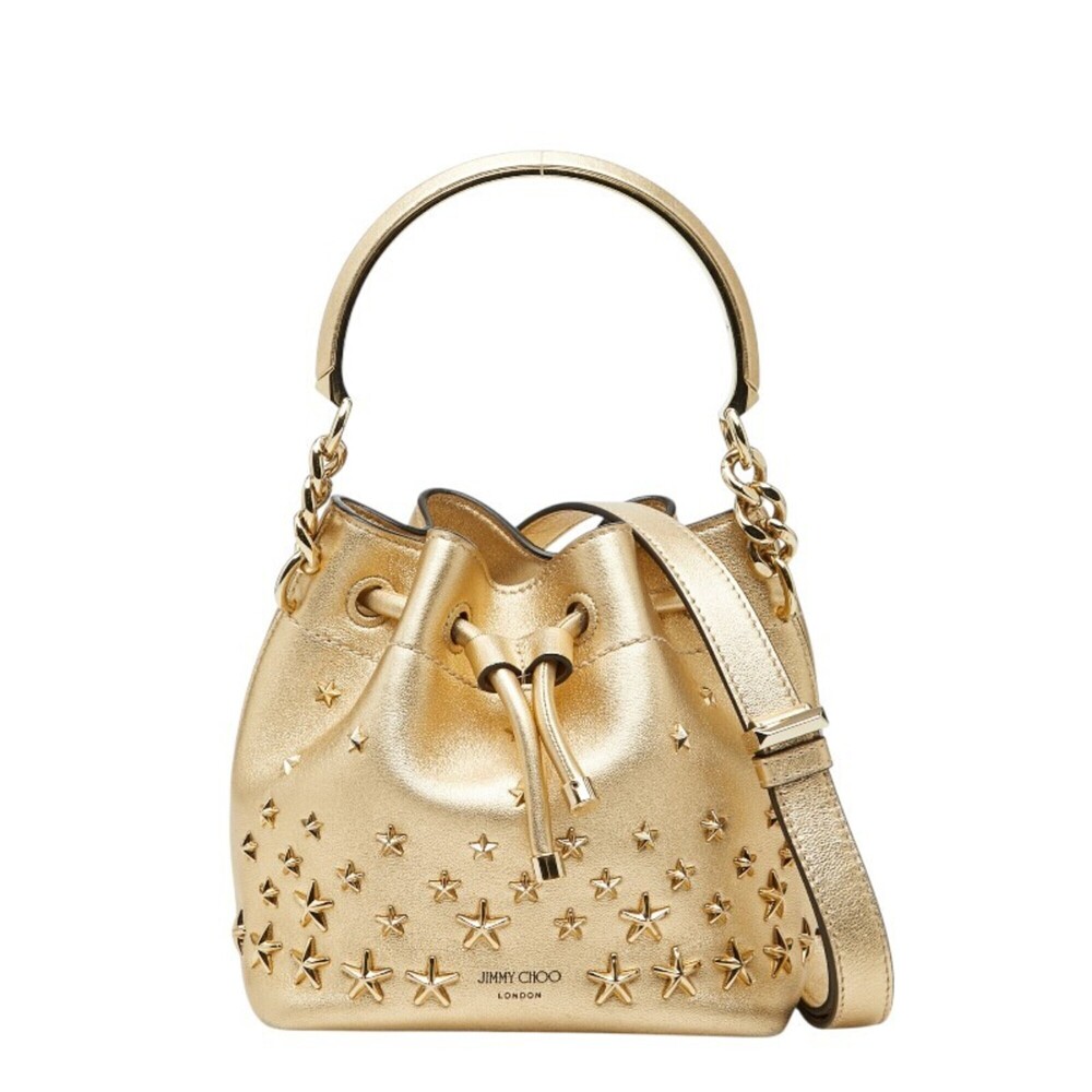 Jimmy Choo Star Studded Pom-Pom Bucket Bag S, 2-Way Handbag/Shoulder Bag, Gol...